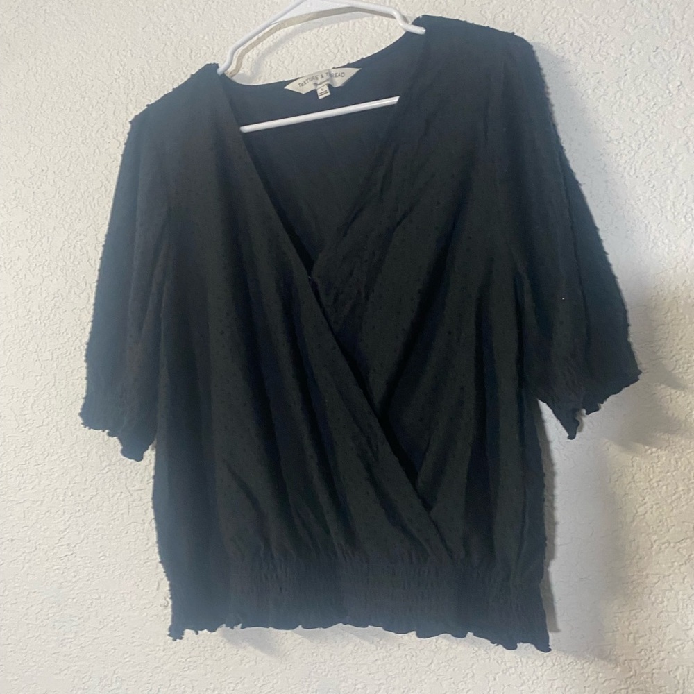 Madewell Texture & Thread Black Textured Swiss Dot smocked Crossover Top - Picture 4 of 9